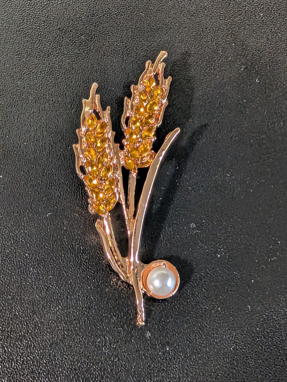Rose Gold Wheat Stem Brooch with Amber Crystals and Pearl Accent